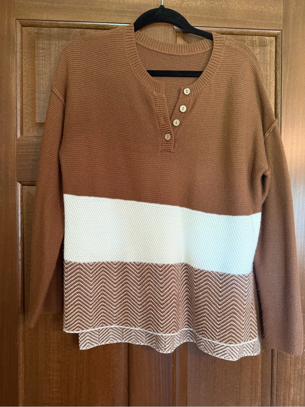 Women's Colorblock Button-Trim Sweater in Brown and Cream